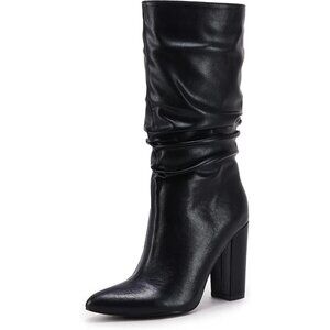 Women's Black Suede Mid Calf High Slouchy Chunky Heel Block Pointed Toe Boots